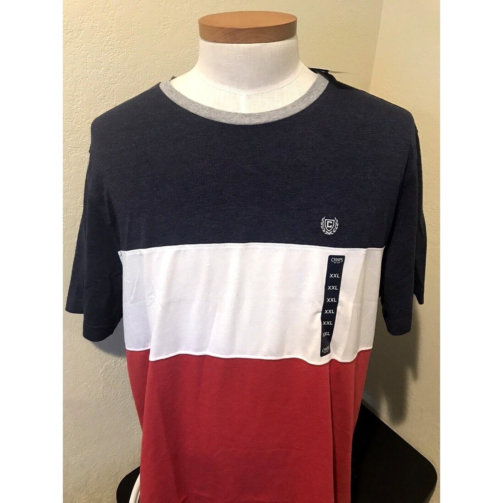 Chaps Mens XXL Colorblock T-Shirt Navy White Red Short Sleeve Crew Neck Logo - Picture 10 of 13